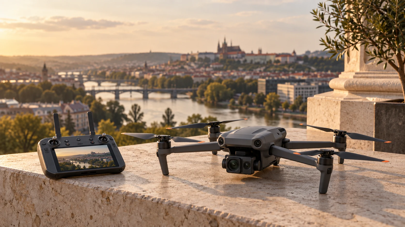 Ilustracja usług: dron z kamerą na tle krajobrazu