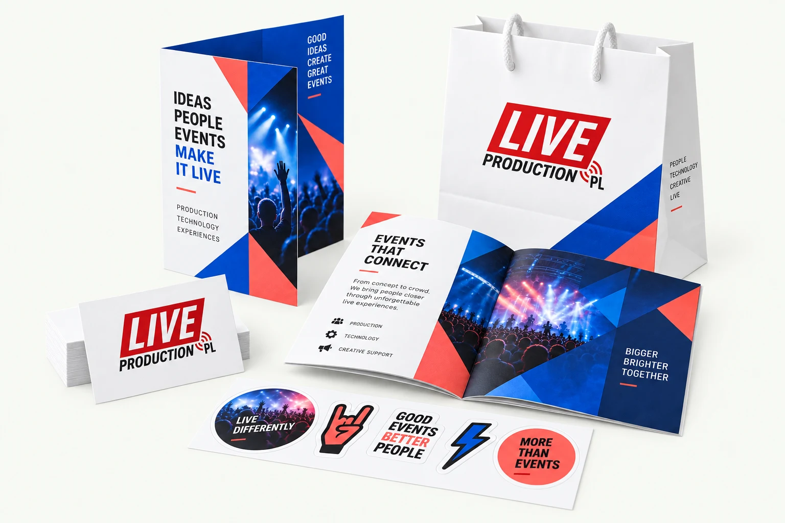 Własna wizualizacja materiałów Live Production: torba, ulotka, katalog, wizytówki i naklejki